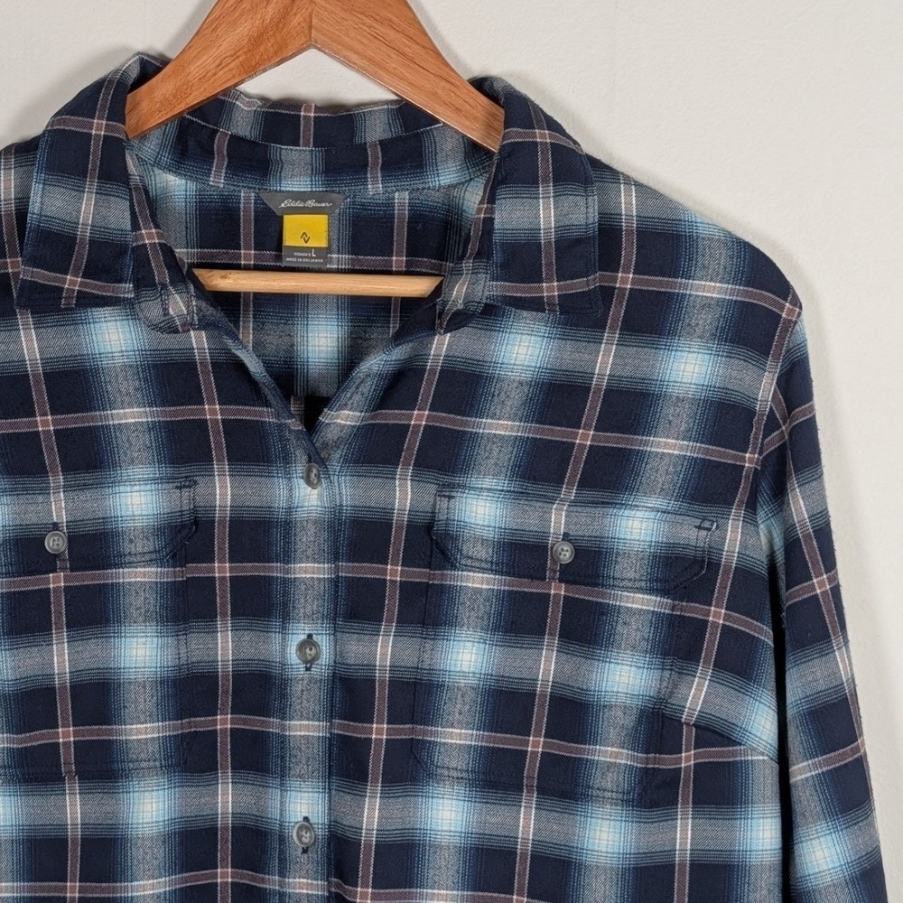 Eddie Bauer Womens Blue Pink Plaid Flannel Button Down Shirt Large Long Sleeve